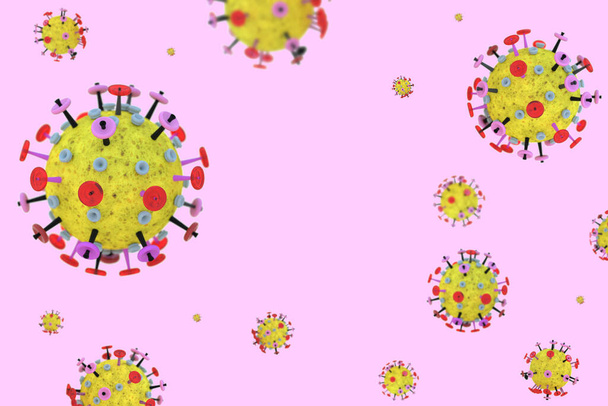 Coronavirus cells in on a pink background with copy space. Yellow red microscopic 3D molecule model of flu virus. - Photo, Image