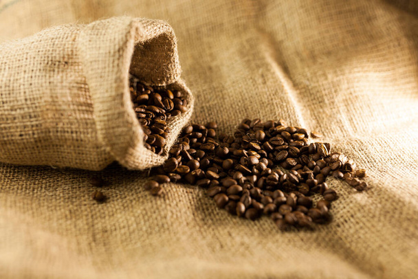 Arap kahvesi tanecikleri fabrika dokusuna saçılmış bir torbaya saçılmış. - Fotoğraf, Görsel