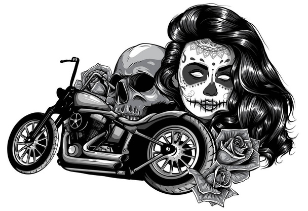 monochromatické ilustrace Motocykl žena lebka s hracími kartami poker - Vektor, obrázek