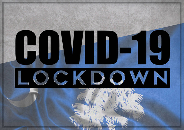 COVID-19, koronavirüs salgını ve salgına karşı önleme konsepti. Amerika Birleşik Devletleri bayrağını sallayan arkaplanlı bir metin. Güney Carolina Eyaleti 3D illüstrasyon. - Fotoğraf, Görsel