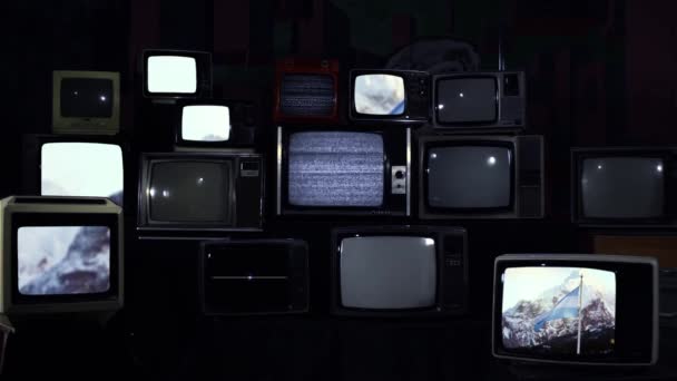 Stack of Retro TVs with the Argentina National Flag on the Screens. Filmed in Ushuaia, Tierra del Fuego, Argentina.  - Footage, Video