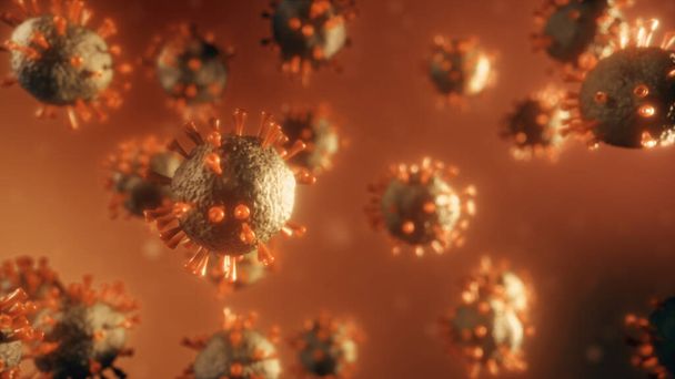 科学研究者のための危険なウイルス3Dイラスト。顕微鏡下の細菌。コロナウイルス. - 写真・画像