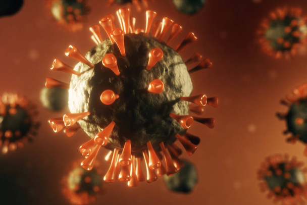 Gevaarlijke virus 3d illustratie voor wetenschappelijke onderzoekers. Bacteriën onder de microscoop. Coronavirus. - Foto, afbeelding