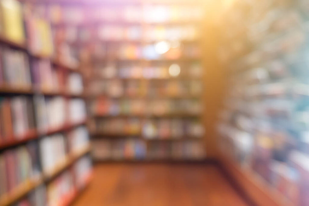 Blurred background of categories pile of book with bookshelf store in library antique traditional paper book store present abstract wisdom smart learning education knowledge in digital technology world - Photo, Image