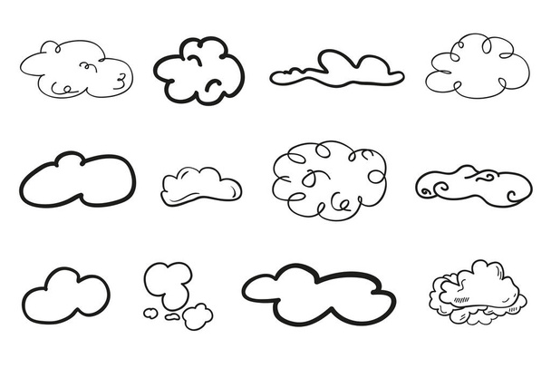 Wolken auf isoliertem weißem Hintergrund. Nudeln auf Weiß. Handgezeichnete Linienkunst. Naturkonzept - Vektor, Bild