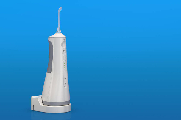 Procesador de agua portátil, irrigador dental oral. Representación 3D sobre fondo azul
 - Foto, imagen