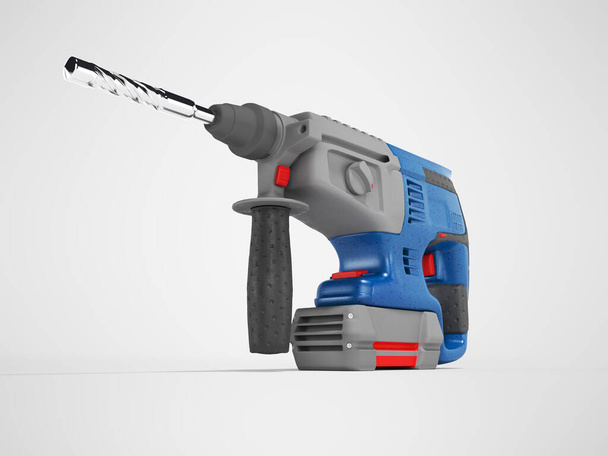 3D рендеринг синей электрической дрели с серыми акцентами на сером фоне с тенью
 - Фото, изображение
