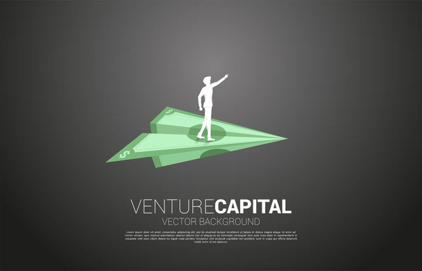 silhouette of businessman point forward on money banknote origami paper airplane. Business Concept of start business and entrepreneur - Vector, Image