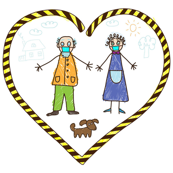Grandparents isolated with Quarantine Tape from their family during as a high-risk group during coronavirus pandemic. Kids Drawing vector illustration - Vector, Image