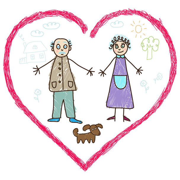 Szerető nagyszülők a kutyájukkal, szív alakú keretben. Gyerekek Rajz stílus vektor illusztráció - Vektor, kép