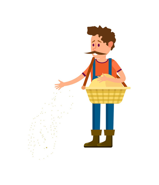 Male farmer seeding icon. Agricultural farming vector illustration isolated on white background. - Wektor, obraz