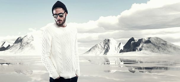 Cooler Mann mit Bart in Wintermode. in weißem Wollpullover - Foto, Bild