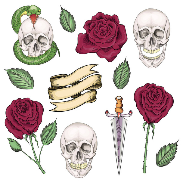 Set of elements for tattoos or stickers, prints in the old school style - Vector, Image