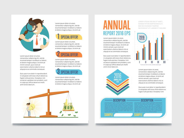 Annual report and special offer template set with diagram vector illustration. SEO analytics, marketing research, business statistics and planning, sales strategy. Conceptual business design. - Vector, Image