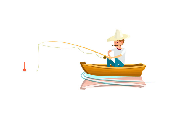 Icono de la pesca con el pescador en barco en el lago. Gente al aire libre actividad vector ilustración aislado sobre fondo blanco
. - Vector, imagen