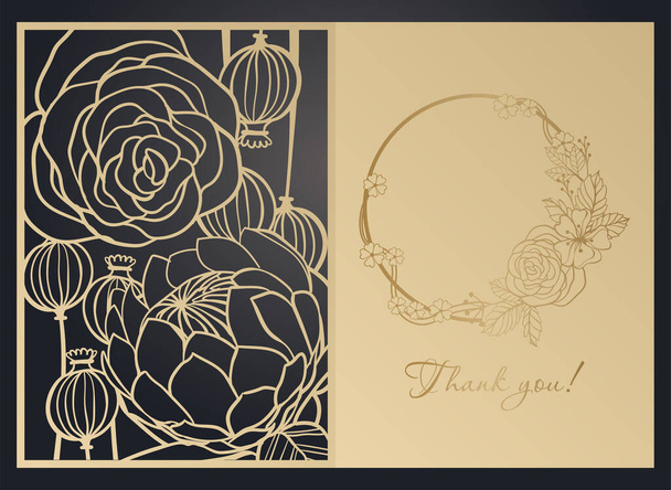 Greeting card with floral pattern. Laser cutting template, papercut, openwork design, contour drawing - ベクター画像