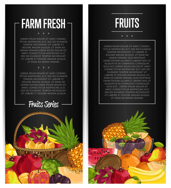 Fresh organic fruit flyers set vector illustration. Natural product, juicy fruit, healthy nutrition, organic farming, vegan food. Pineapple, melon, pomegranate, peach, coconut, apple, watermelon, plum - Vector, Imagen