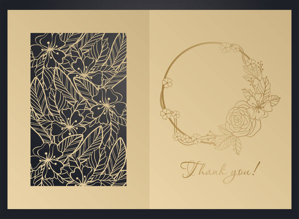 Greeting card with floral pattern. Laser cutting template, papercut, openwork design, contour drawing. - ベクター画像