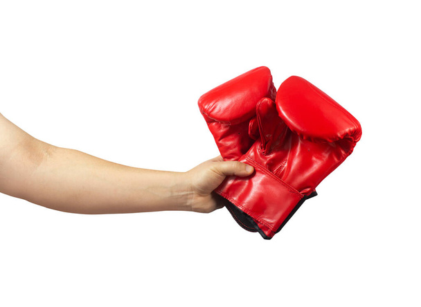 Isolated photo of male hand holding red boxing gloves on white background. - Photo, Image