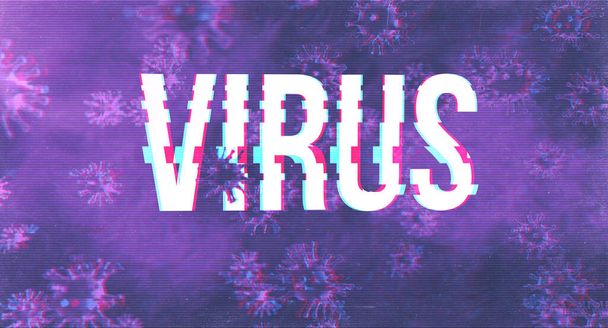 Virus big white text among cells of dangerous influenza virus. Microscopic view to respiratory coronavirus 2019-ncov. Medical background with glitch effect. SARS pandemic risk concept. - Foto, Imagen