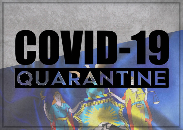 Концепция карантина и профилактики COVID-19 против вспышки коронавируса и пандемии. Текст написан на фоне размахивания флагом штатов США. Штат Нью-Йорк 3D-иллюстрация
. - Фото, изображение