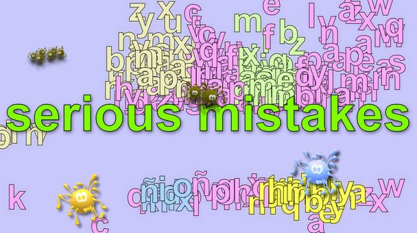 Serious mistakes. COVID-19. Colorful design. 3D Illustration. Group of background random letters and simulated virus drawing. - Photo, Image