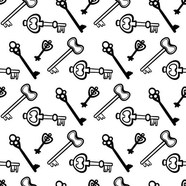 Vintage key vector seamless pattern. Keys in hand draw style. Black and white. - Vektör, Görsel