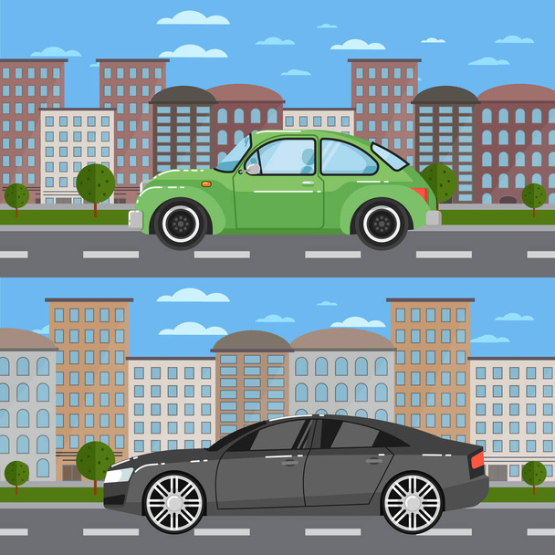 Vintage car and comfortable sedan in cityscape - Vector, Image