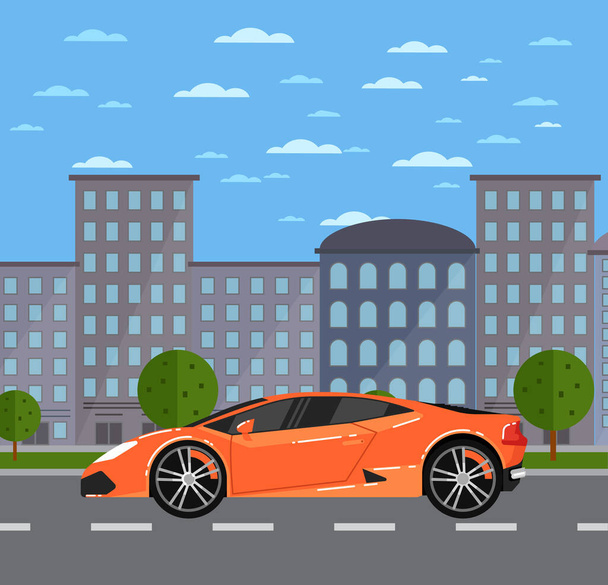 Luxury sports car in urban landscape - Vector, Image