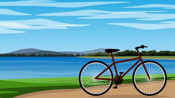Illustration vectorielle d'un vélo est le stationnement près du lac par un jour lumineux
. - Vecteur, image