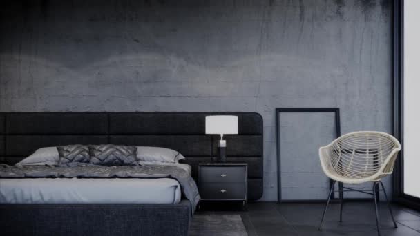 interior design of modern loft bedroom with furniture, pan left shot, video ultra HD 4K 3840x2160, 3D animation - Footage, Video