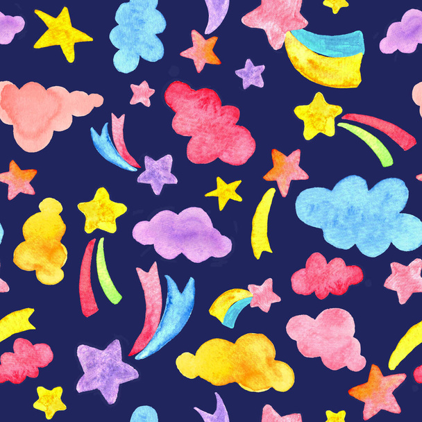 Watercolor Shooting Stars colorful clouds hand painted seamless pattern - Photo, Image