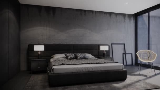 Innenarchitektur des schwarzen Schlafzimmers mit Möbeln, modernem Loft-Stil, langsamer Drehschuss, Video Ultra HD 4K 3840x2160, 3D-Animation - Filmmaterial, Video