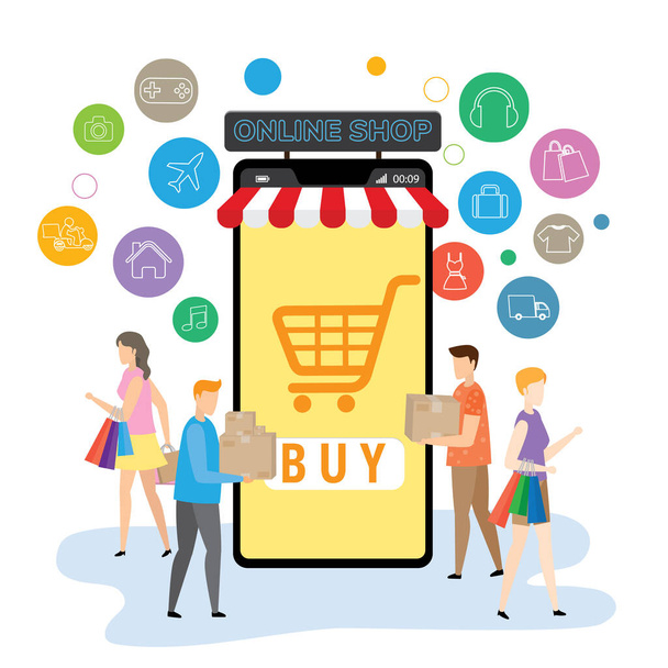 Mobile application for shopping, Online supermaket, Smartphone with shopping app. - Vector, Image