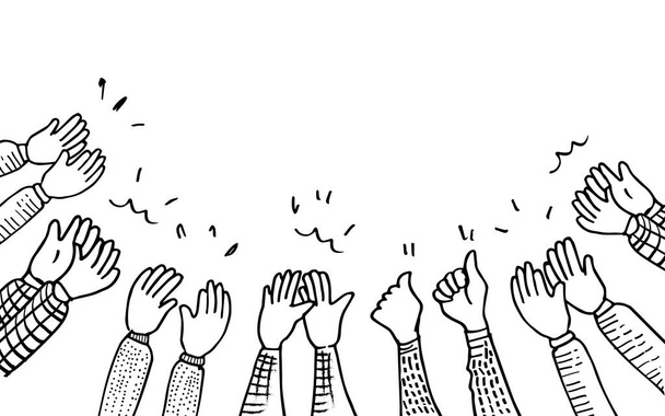 Ręcznie wyciągnięte ręce klaszczące owacje. oklaski, kciuki w górę gest na stylu doodle, ilustracja wektor - Wektor, obraz