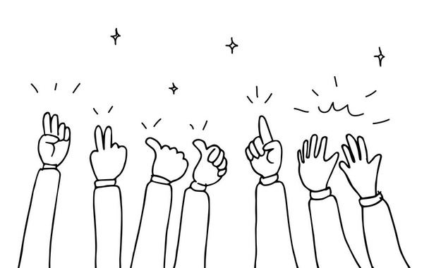 Рука, нарисованная руками, хлопающими овациями. аплодисменты, большой палец вверх жест на каракули стиле, векторные иллюстрации - Вектор,изображение