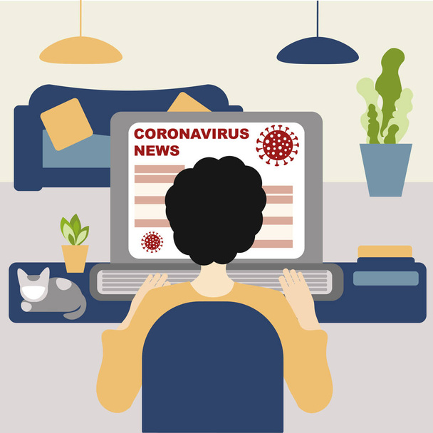 Coronavirus concept nieuws. Een man zit achter zijn laptop het Coronavirus nieuws te lezen. Virusconcept 2019-nCoV, covid-19 - Vector, afbeelding