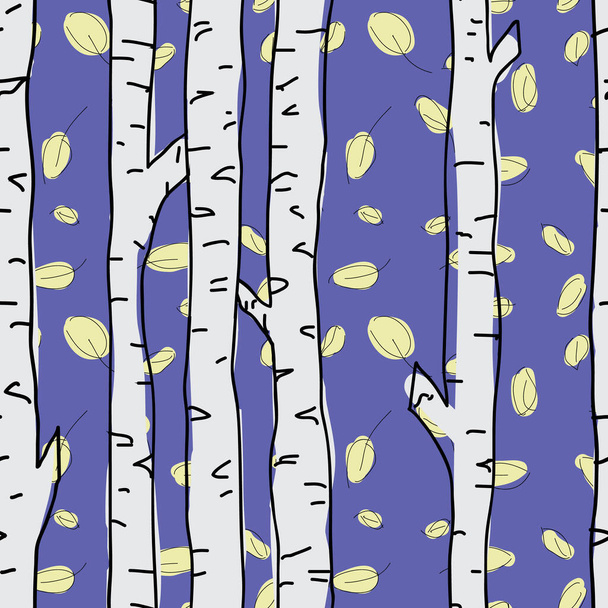 Birch trees and leaves seamless pattern on blue background. seamless vector - Vector, Image