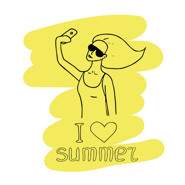 dívka ve slunečních brýlích si vezme selfie a nápis Miluju léto. žena ruku nakreslenou ve stylu čmáranice. Skandinávská prostota. šablona pro pohlednici, plakát, ikonu, logo. srdce, žluté - Vektor, obrázek