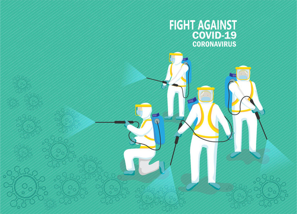 Ilustrace Lidé v ochranném obleku. Sprej na čištění a dezinfekci viru, preventivní opatření, boj proti Covid-19, zdravotní péče a bezpečnosti. Ilustrace na zeleném pozadí   - Vektor, obrázek