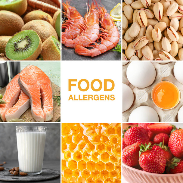 Κολάζ φωτογραφιών με διαφορετικά αλλεργικά τρόφιμα - Φωτογραφία, εικόνα