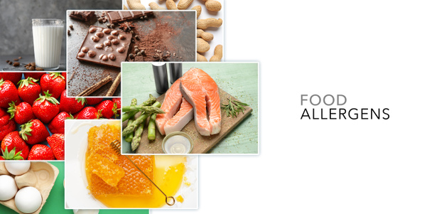 Kollaasi kuvia eri allergista ruokaa
 - Valokuva, kuva
