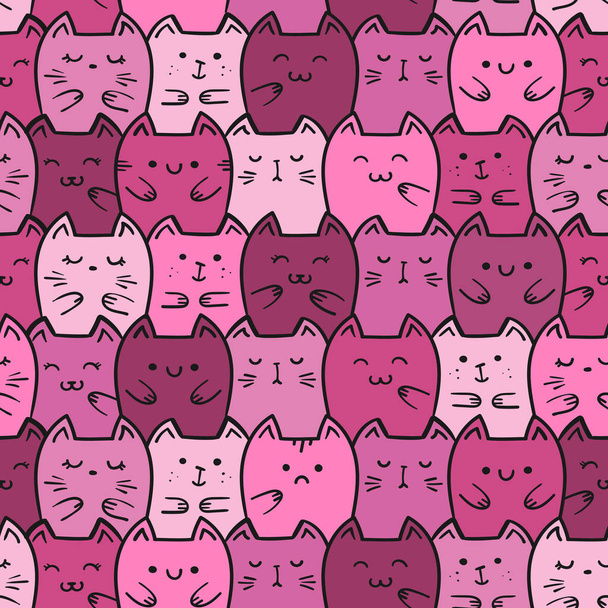 Vector seamless pattern with colorful doodle cats; cute pink kittens for fabric, wallpaper, wrapping paper, package, textile, web design. - ベクター画像