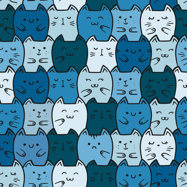 Vector seamless pattern with colorful doodle blue cats; cute design for fabric, wallpaper, textile, package, wrapping paper, web design. - Vector, imagen