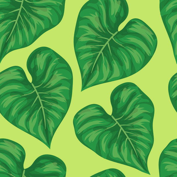 Tropische Pflanzen und Blumen. Grüne Blätter auf grünem Hintergrund. Nahtloses Muster. Isolierte Vektorillustration. - Vektor, Bild