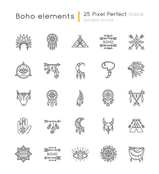 Conjunto de ícones lineares perfeitos de pixel estilo Boho. Amuletos índios nativos americanos. Encantos étnicos Dreamcatcher. Símbolos de contorno de linha fina personalizáveis. Isoladas ilustrações de contorno vetorial. AVC editável
 - Vetor, Imagem
