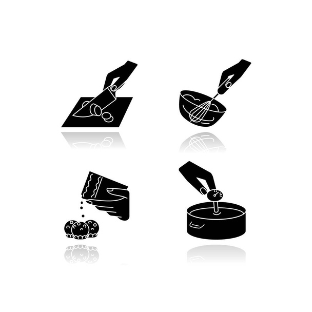 Culinary methods drop shadow black glyph icons set. Food preparation, cooking techniques. Cutting, cheesemaking, whipped cream and candy making isolated vector illustrations on white space - Vector, Image