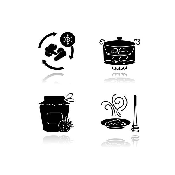 Mutfak yöntemleri siyah sembol simgelerini düşürür. Ürün hazırlama ve koruma teknikleri. Beyaz uzayda yiyecek dondurucu, konserve, buhar ve püre izole edilmiş vektör çizimleri - Vektör, Görsel