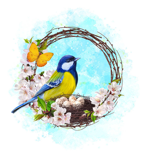 bird tit sits near a nest with eggs, spring flowers, cherry blossoms, sakura, weaving from branches, yellow butterfly, Easter background - Фото, изображение