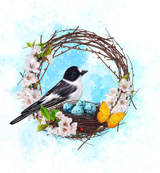 bird sits near a nest with eggs, spring flowers, cherry blossoms, sakura, weaving from branches, yellow butterfly, Easter background - Foto, Imagem